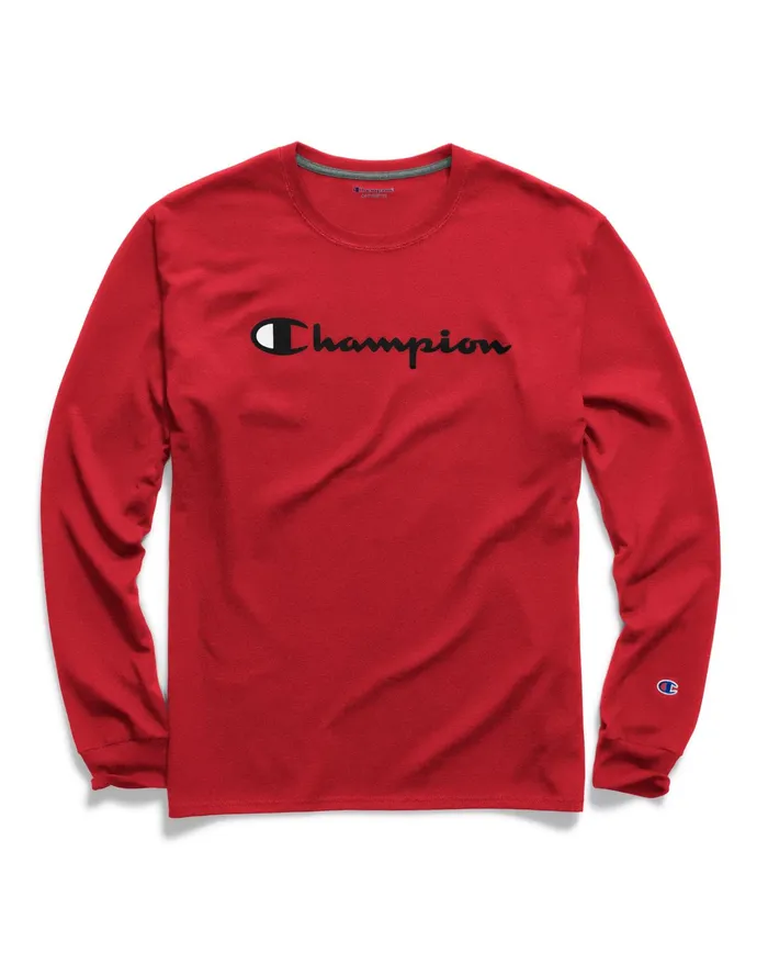 Classic Graphic LongSleeve TShirt Screenprint Script Logo Scarlet Men Champion TShirts and Tops