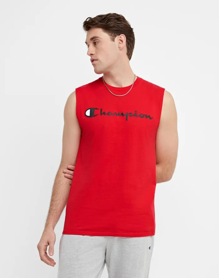 Classic Muscle Tank Script Logo Scarlet Men Champion TShirts and Tops
