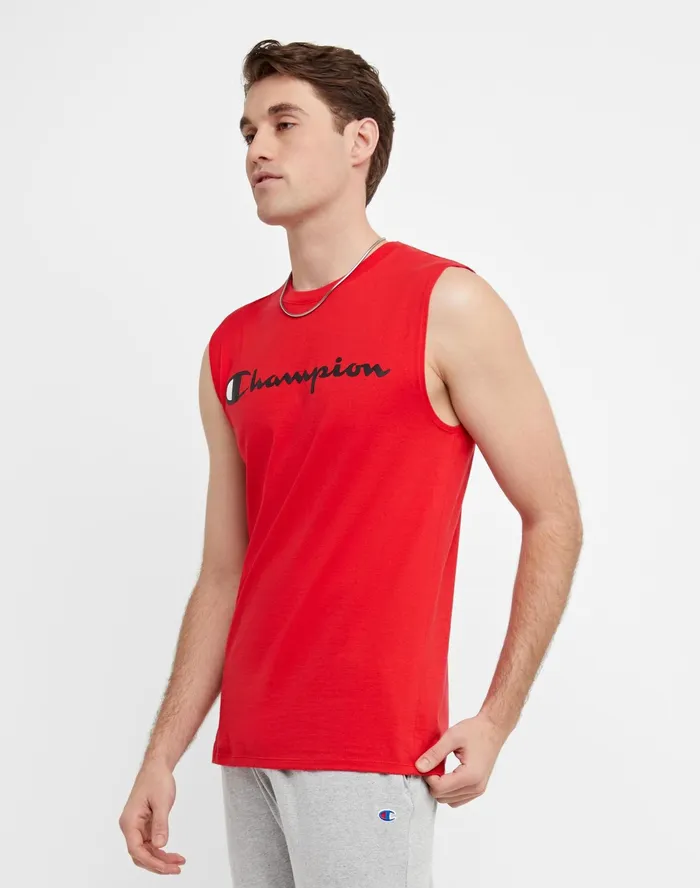 Classic Muscle Tank Script Logo Scarlet Men Champion TShirts and Tops