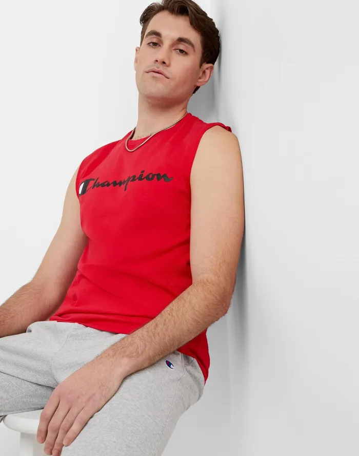 Classic Muscle Tank Script Logo Scarlet Men Champion TShirts and Tops