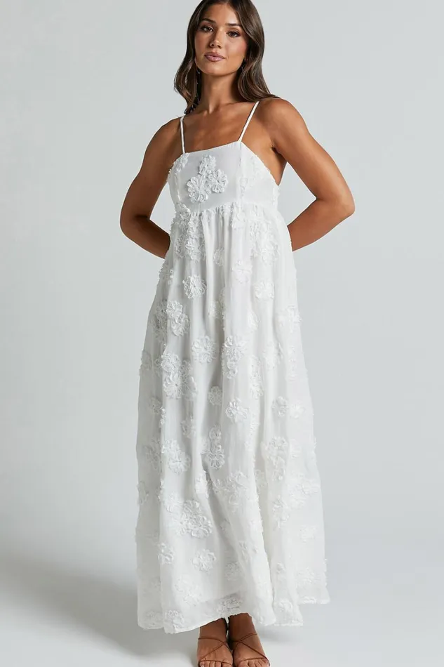 Claya Maxi Dress 8211 Sleeveless Straight Neckline Floral Detail Dress In White Embroidery Women Showpo Maternity Clothes