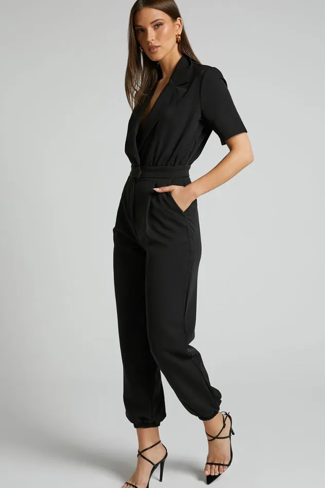 Coco Jumpsuit 8211 Collared Short Sleeve Straight Leg Jumpsuit In Black Women Showpo Jumpsuits