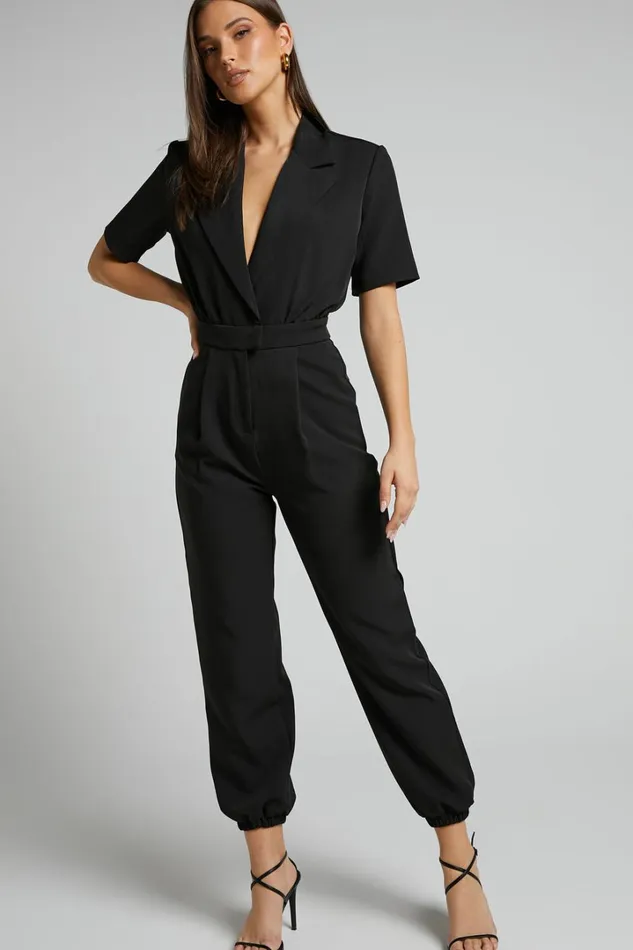 Coco Jumpsuit 8211 Collared Short Sleeve Straight Leg Jumpsuit In Black Women Showpo Jumpsuits