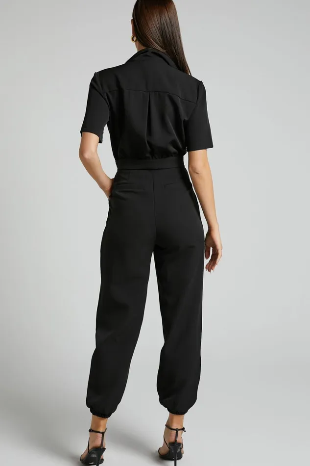 Coco Jumpsuit 8211 Collared Short Sleeve Straight Leg Jumpsuit In Black Women Showpo Jumpsuits