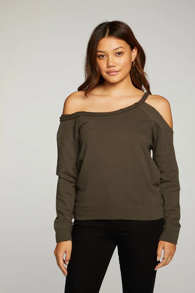 Cotton Fleece Vented Off Shoulder Long Sleeve Raglan Pullover Loungewear Chaser Brand Womens