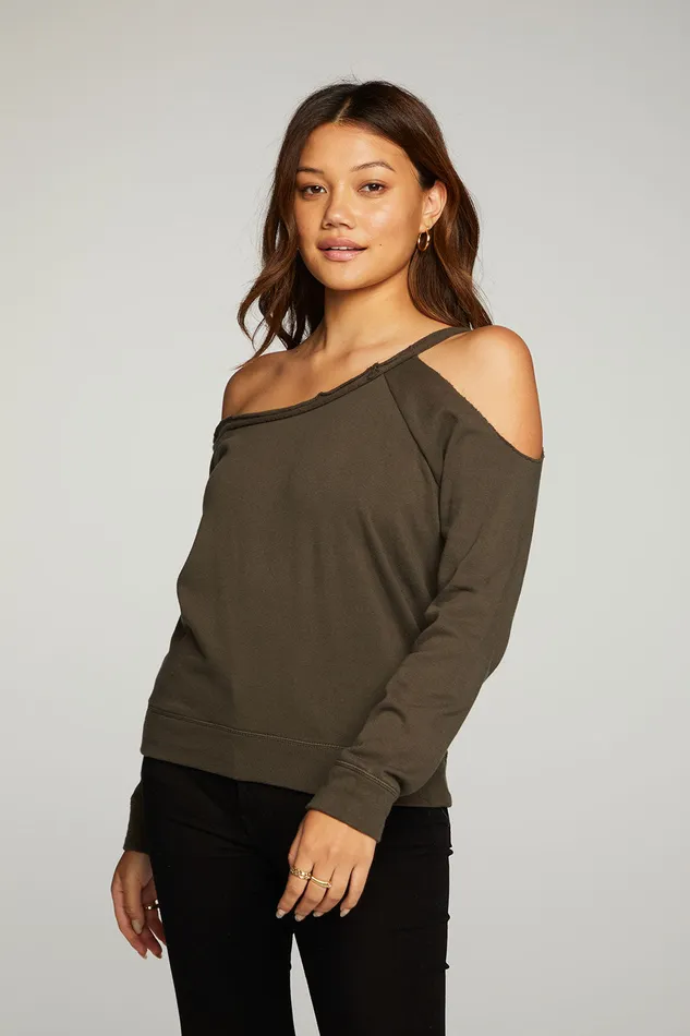 Cotton Fleece Vented Off Shoulder Long Sleeve Raglan Pullover Loungewear Chaser Brand Womens