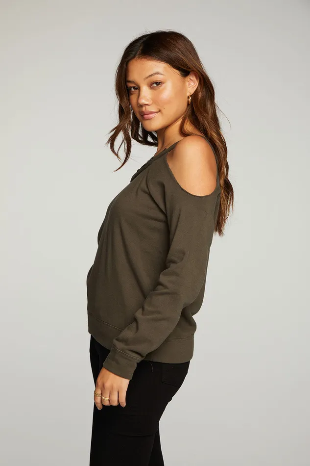 Cotton Fleece Vented Off Shoulder Long Sleeve Raglan Pullover Loungewear Chaser Brand Womens