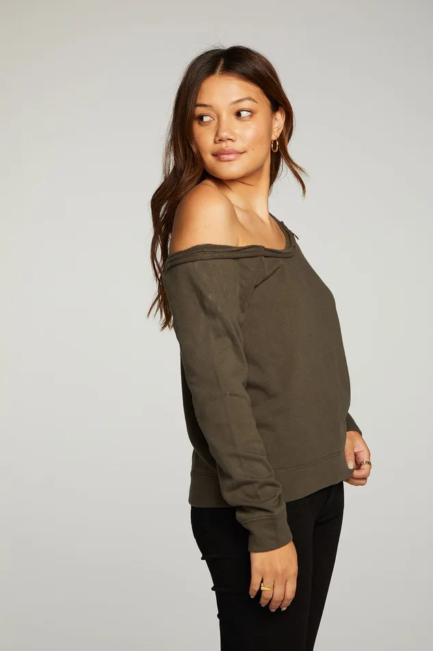Cotton Fleece Vented Off Shoulder Long Sleeve Raglan Pullover Loungewear Chaser Brand Womens