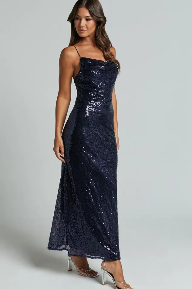 Cynthie Midi Dress 8211 Strappy Cowl Neck Sequin Slip Dress In Navy Women Showpo Dresses