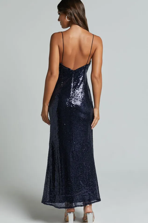 Cynthie Midi Dress 8211 Strappy Cowl Neck Sequin Slip Dress In Navy Women Showpo Dresses