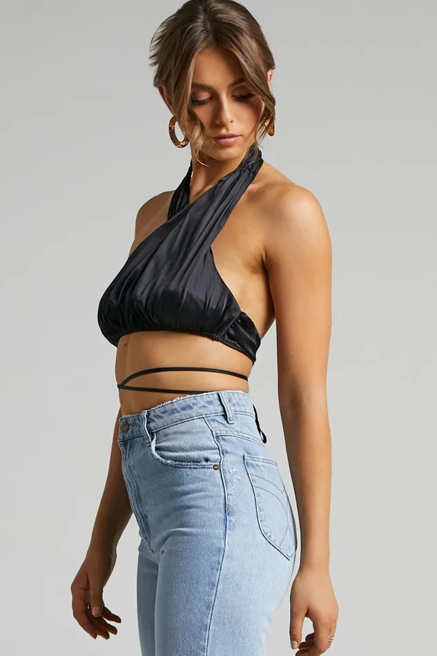 Danielle Bernstein 8211 High Neck Stretch Charmeuse Halter Top In Black Women Showpo Tops