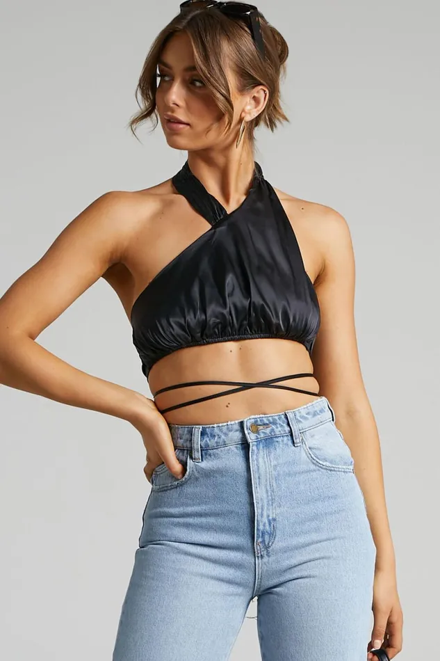 Danielle Bernstein 8211 High Neck Stretch Charmeuse Halter Top In Black Women Showpo Tops