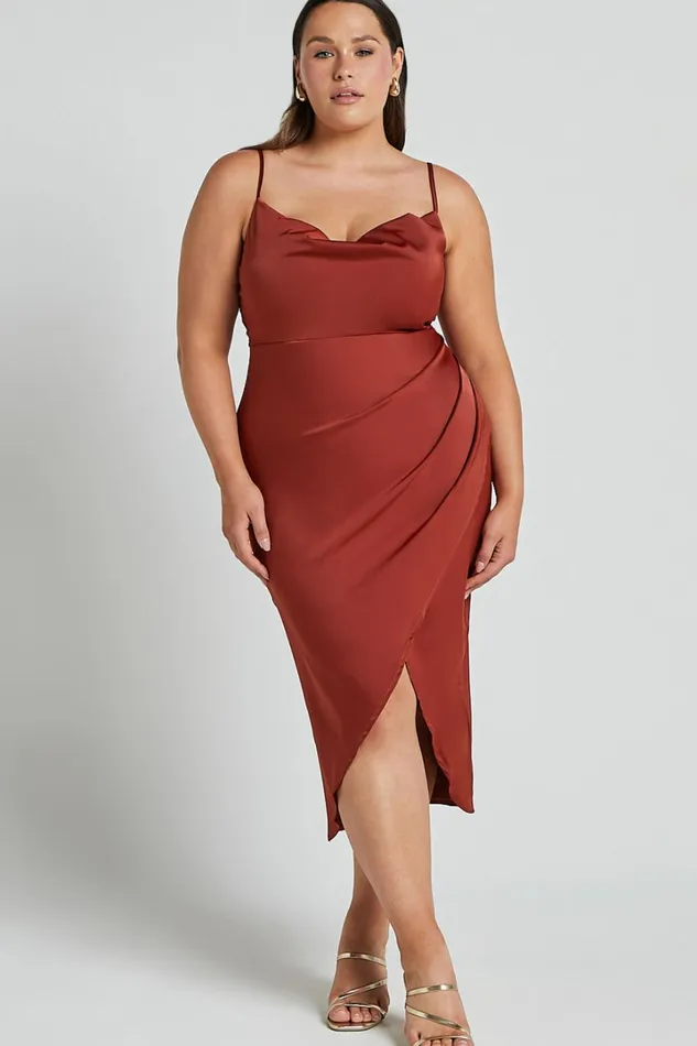 Dazzling Lights Midi Dress 8211 Cowl Neck Draped Dress In Copper Satin Women Showpo Curve Clothes