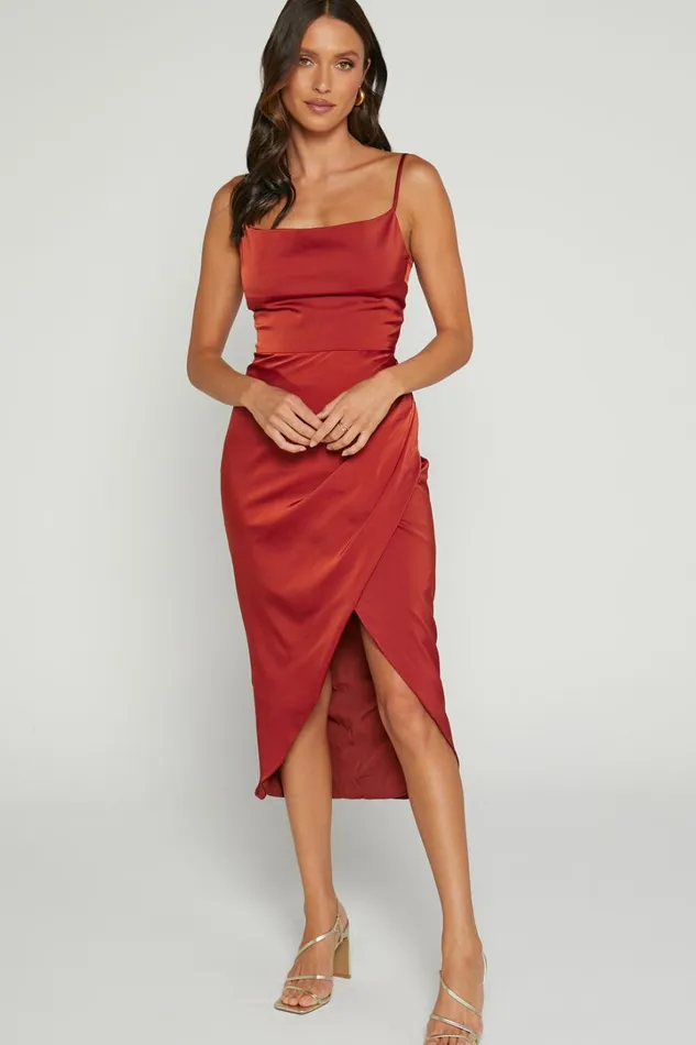 Dazzling Lights Midi Dress 8211 Cowl Neck Draped Dress In Copper Satin Women Showpo Curve Clothes
