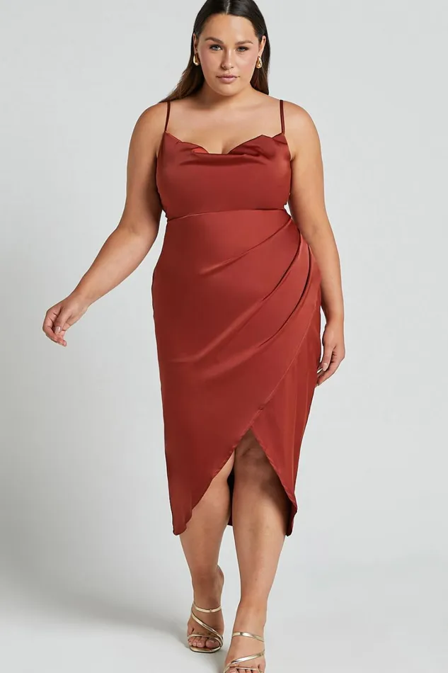 Dazzling Lights Midi Dress 8211 Cowl Neck Draped Dress In Copper Satin Women Showpo Curve Clothes