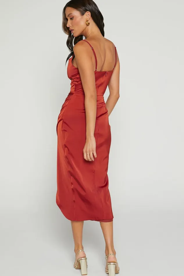Dazzling Lights Midi Dress 8211 Cowl Neck Draped Dress In Copper Satin Women Showpo Curve Clothes