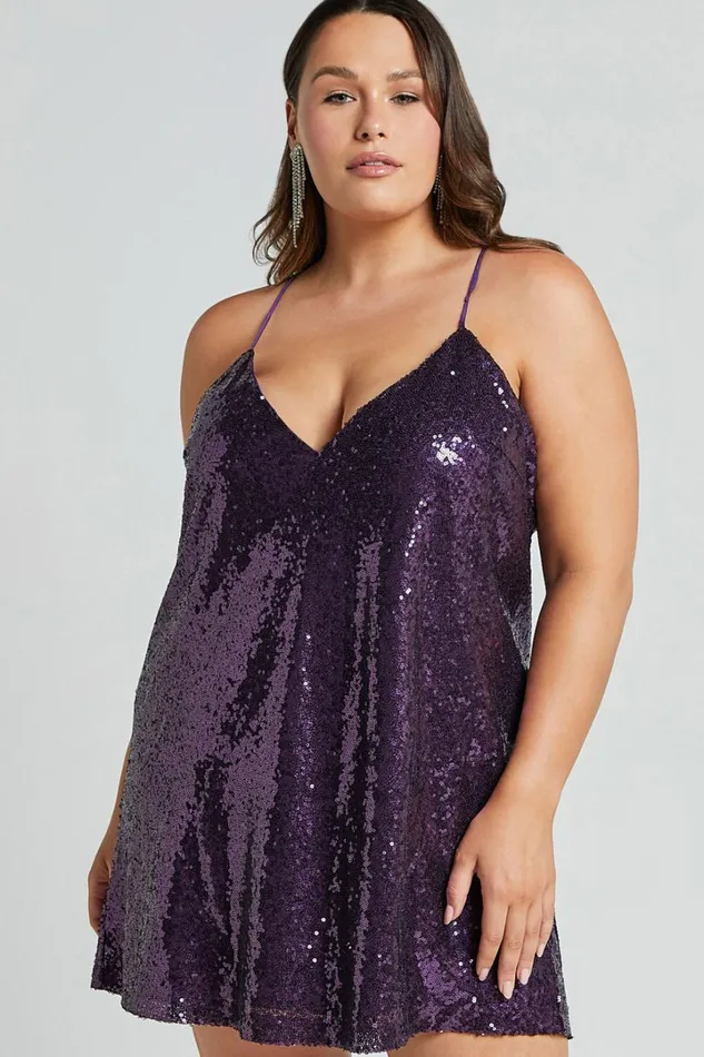 Delilaah Mini Dress 8211 Strappy V Neck Slip Sequin Dress In Purple Sequins Women Showpo Curve Clothes