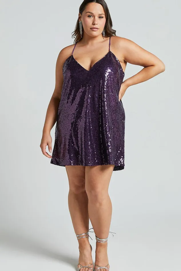 Delilaah Mini Dress 8211 Strappy V Neck Slip Sequin Dress In Purple Sequins Women Showpo Curve Clothes