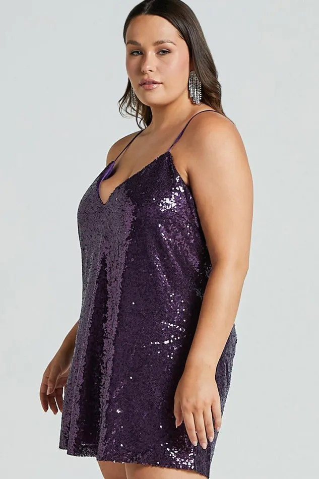 Delilaah Mini Dress 8211 Strappy V Neck Slip Sequin Dress In Purple Sequins Women Showpo Curve Clothes