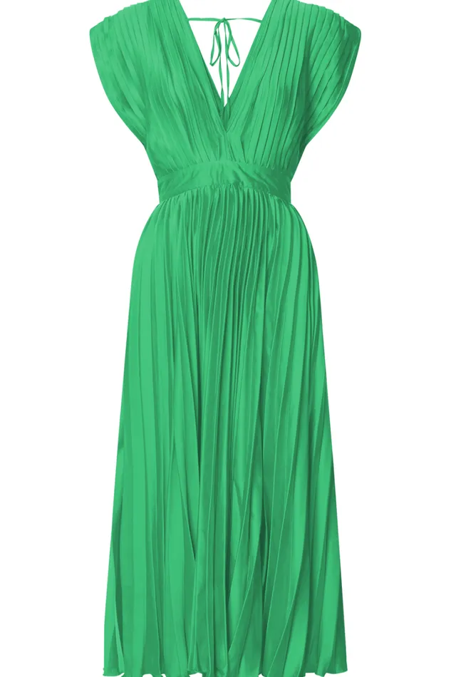 Della Midi Dress 8211 Plunge Neck Short Sleeve Pleated Dress In Green Women Showpo Dresses