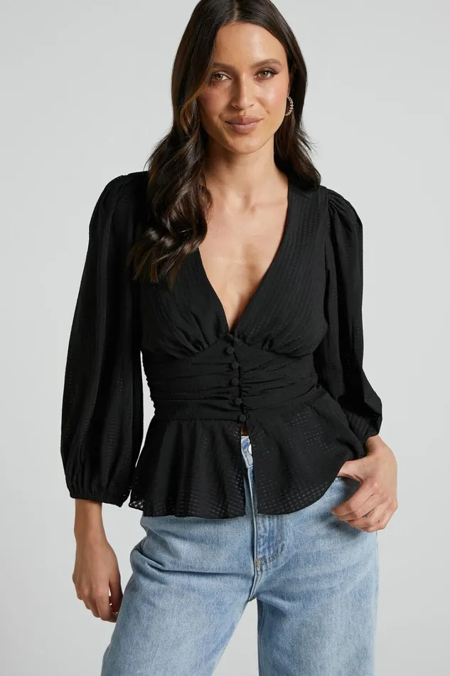 Dellah Long Sleeve V Neck Top In Black Women Showpo Tops