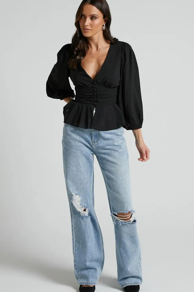 Dellah Long Sleeve V Neck Top In Black Women Showpo Tops