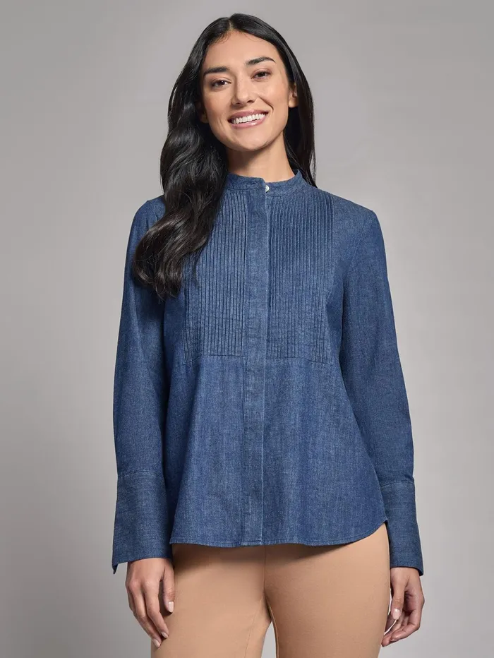 Denim ButtonFront Pintuck Top Women Jones New York Denim