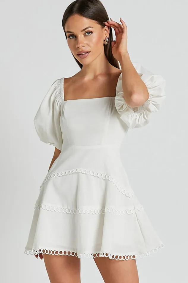 Denise Mini Dress 8211 Square Neck Puff Sleeve Lace Detail Dress In White Women Showpo Dresses