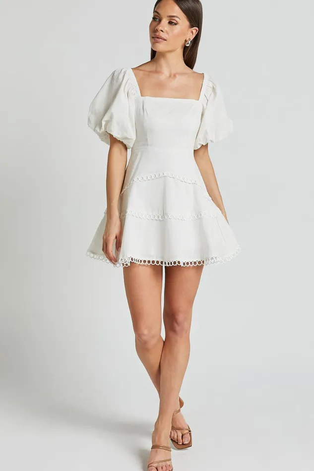 Denise Mini Dress 8211 Square Neck Puff Sleeve Lace Detail Dress In White Women Showpo Dresses