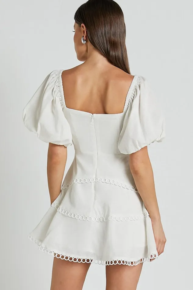 Denise Mini Dress 8211 Square Neck Puff Sleeve Lace Detail Dress In White Women Showpo Dresses