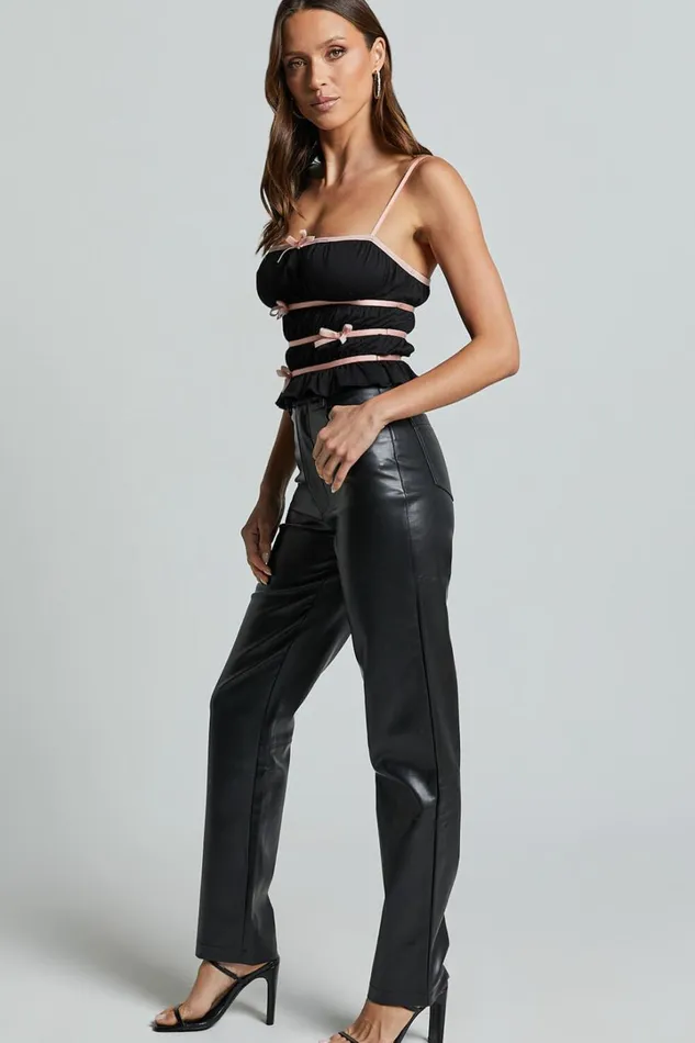 Devon Top 8211 Bow Detail Ruched Crop Top In Black and Pink Women Showpo Tops