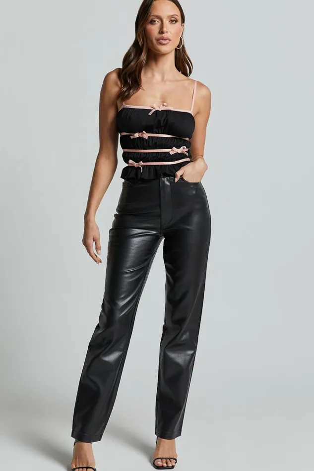 Devon Top 8211 Bow Detail Ruched Crop Top In Black and Pink Women Showpo Tops