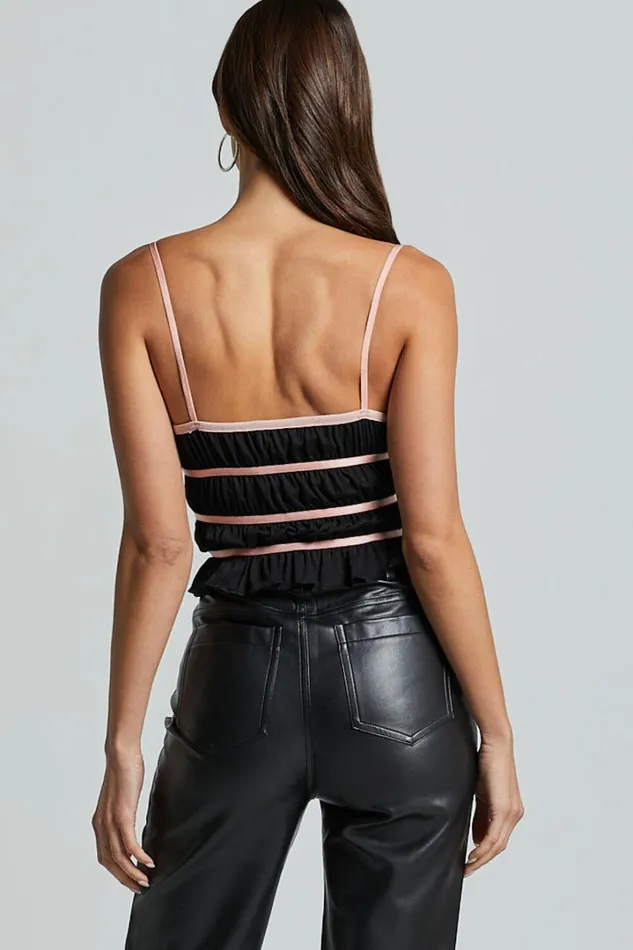 Devon Top 8211 Bow Detail Ruched Crop Top In Black and Pink Women Showpo Tops