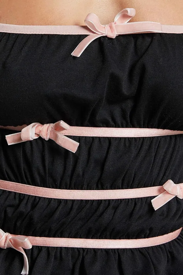 Devon Top 8211 Bow Detail Ruched Crop Top In Black and Pink Women Showpo Tops