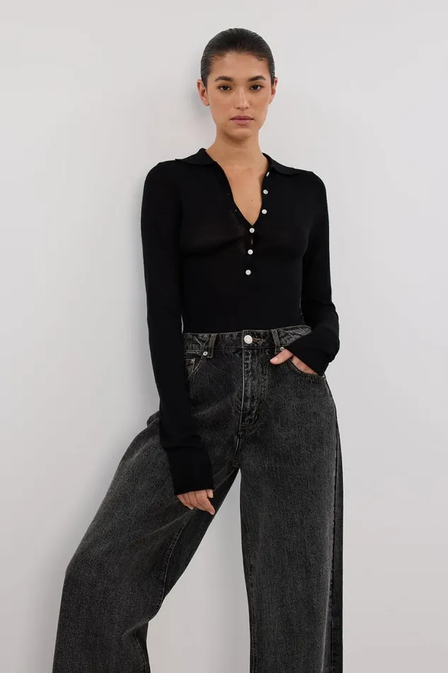 DISSH Long Sleeved JANE BLACK MERINO POLO KNIT TOP 8211 Women