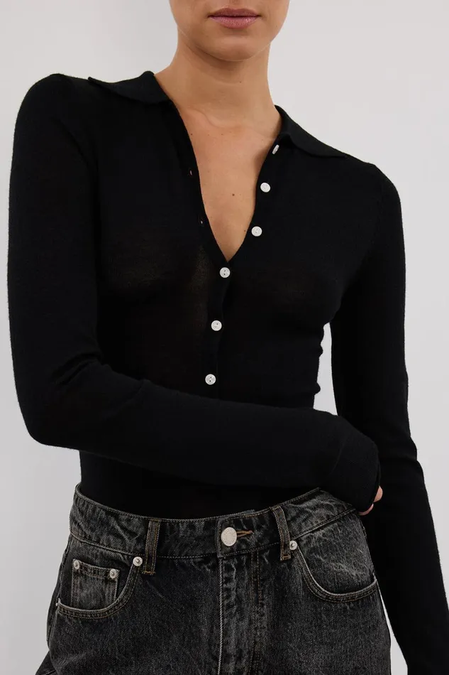 DISSH Long Sleeved JANE BLACK MERINO POLO KNIT TOP 8211 Women