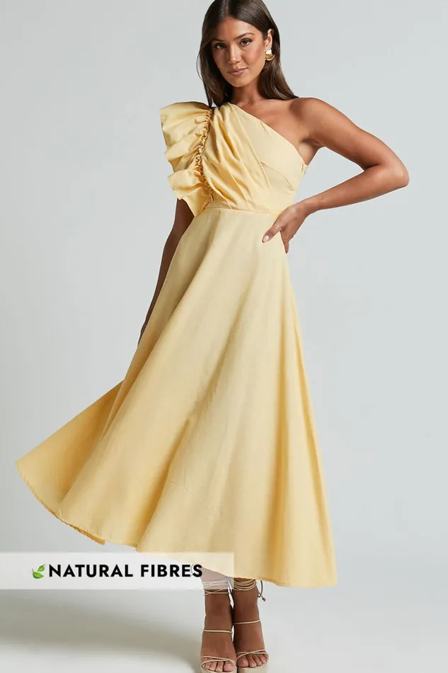 Dixie Midi Dress 8211 Linen Look One Shoulder Ruffle Dress In Lemon Women Showpo Curve Clothes Dixie Midi Dress 8211 Linen Look One Shoulder Ruffle Dress In Lemon Women Showpo Curve Clothes