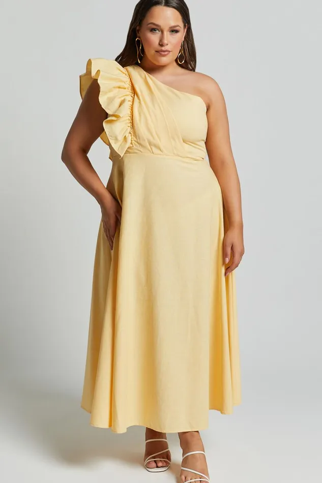 Dixie Midi Dress 8211 Linen Look One Shoulder Ruffle Dress In Lemon Women Showpo Curve Clothes