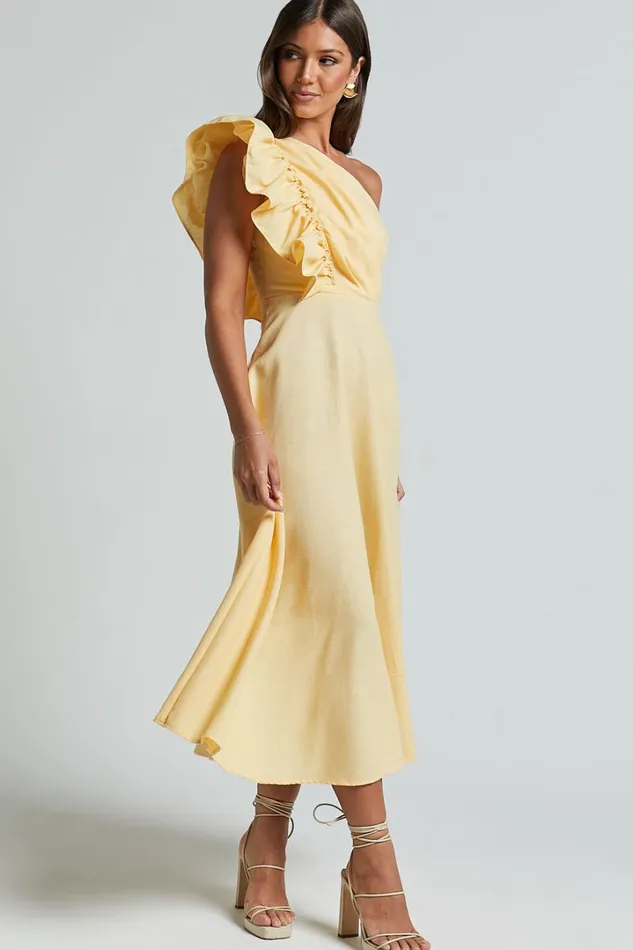 Dixie Midi Dress 8211 Linen Look One Shoulder Ruffle Dress In Lemon Women Showpo Curve Clothes