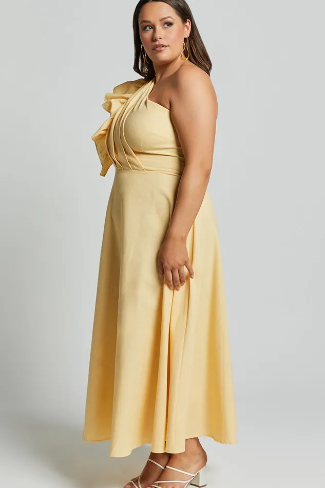 Dixie Midi Dress 8211 Linen Look One Shoulder Ruffle Dress In Lemon Women Showpo Curve Clothes