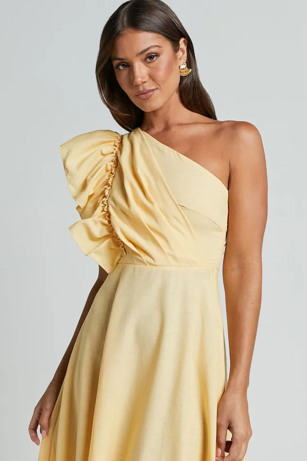 Dixie Midi Dress 8211 Linen Look One Shoulder Ruffle Dress In Lemon Women Showpo Curve Clothes