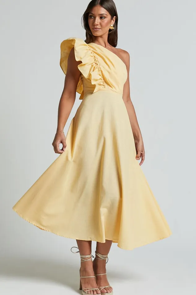 Dixie Midi Dress 8211 Linen Look One Shoulder Ruffle Dress In Lemon Women Showpo Curve Clothes