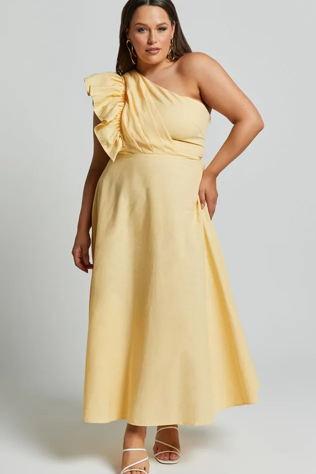 Dixie Midi Dress 8211 Linen Look One Shoulder Ruffle Dress In Lemon Women Showpo Curve Clothes
