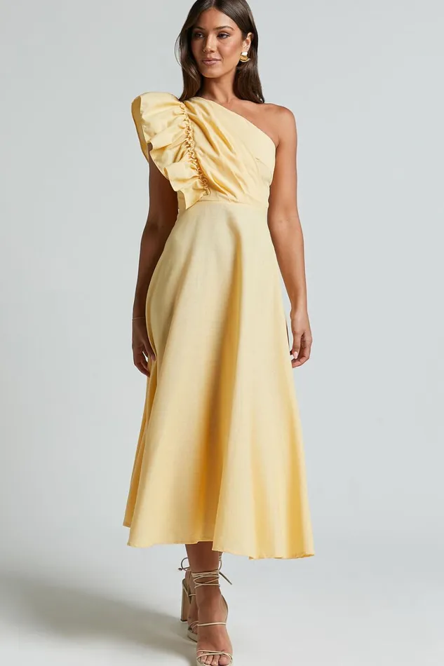 Dixie Midi Dress 8211 Linen Look One Shoulder Ruffle Dress In Lemon Women Showpo Curve Clothes