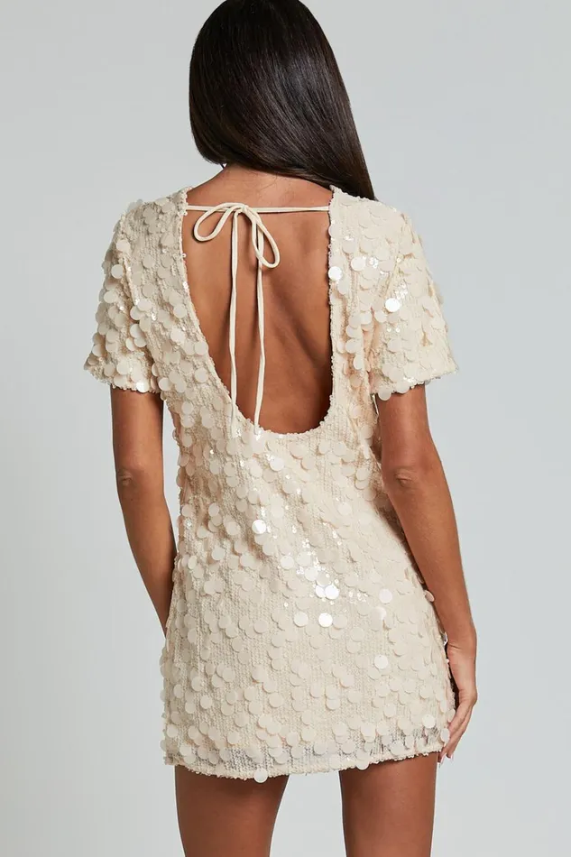 Drea Mini Dress 8211 Short Sleeve Low Back Sequin Dress In Cream Women Showpo Dresses