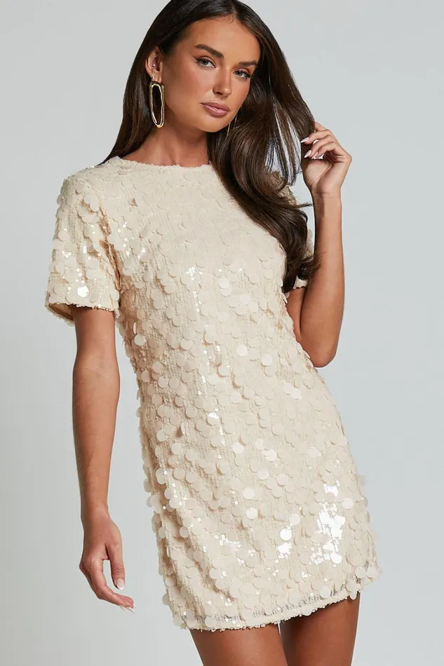 Drea Mini Dress 8211 Short Sleeve Low Back Sequin Dress In Cream Women Showpo Dresses