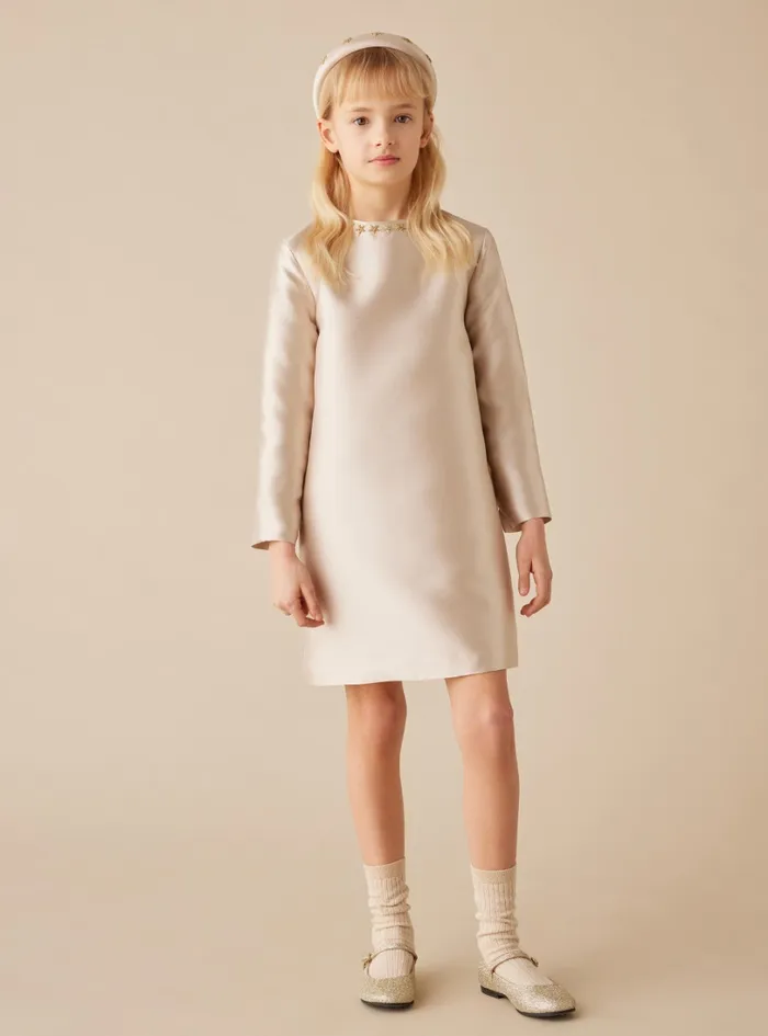 Dresses Girl 216 Il Gufo Mikado Dress With Star Embroidery