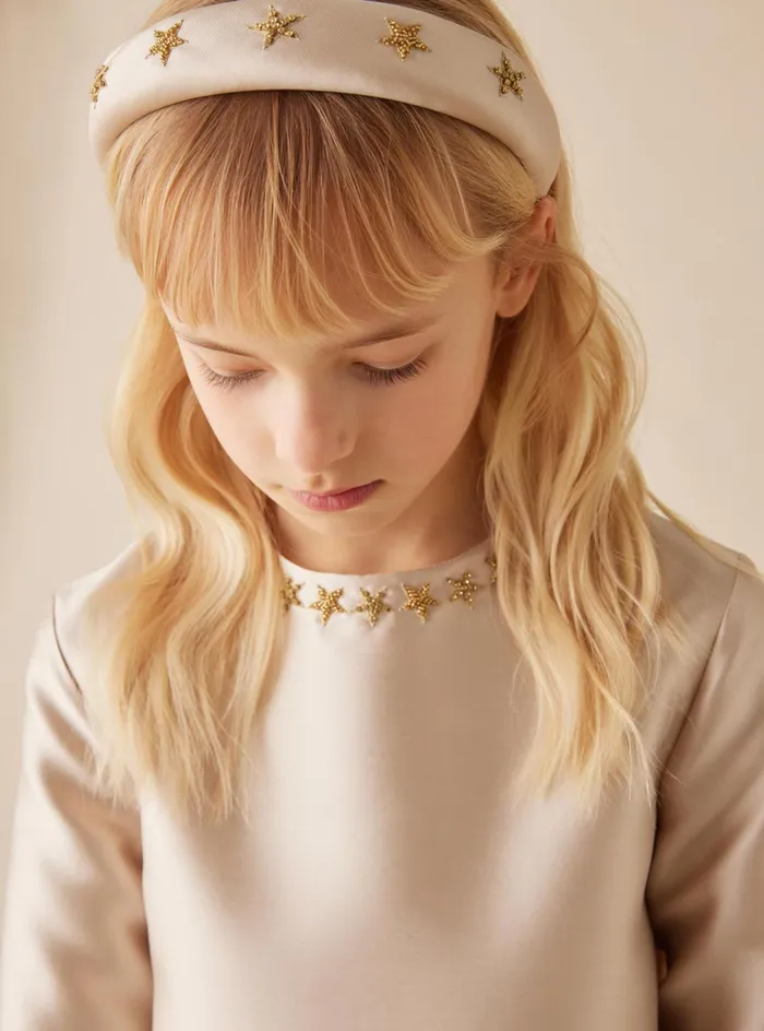 Dresses Girl 216 Il Gufo Mikado Dress With Star Embroidery