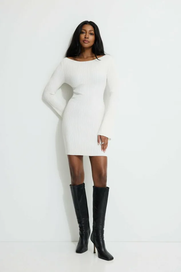 Dynamite Dresses and Jumpsuits Women Ribbed Boat Neck Mini Dress Beige