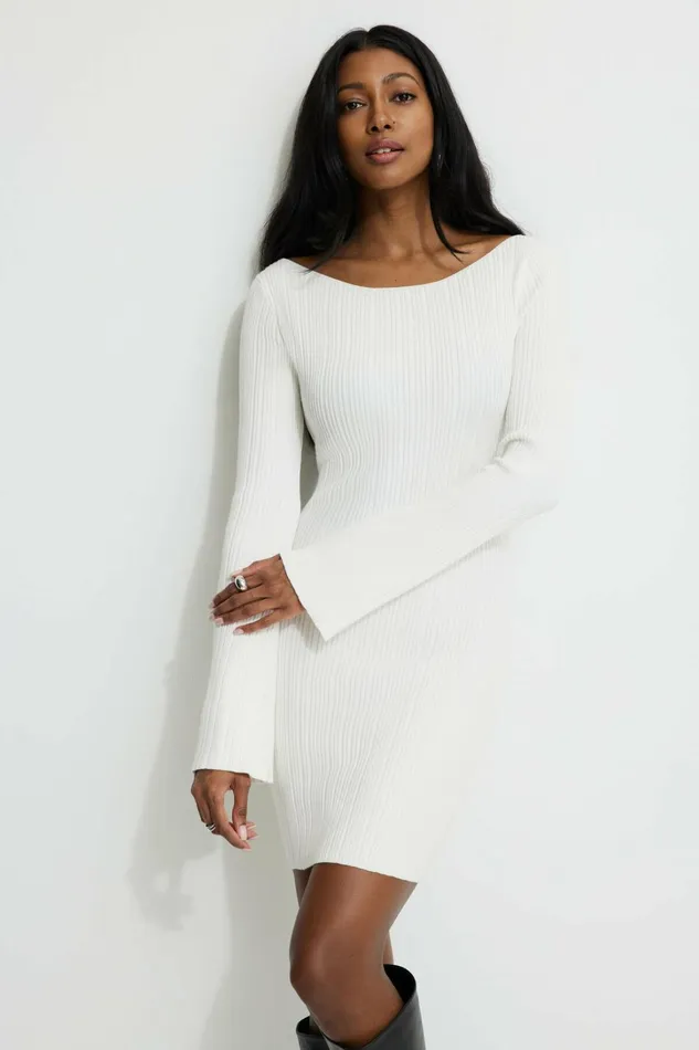 Dynamite Dresses and Jumpsuits Women Ribbed Boat Neck Mini Dress Beige